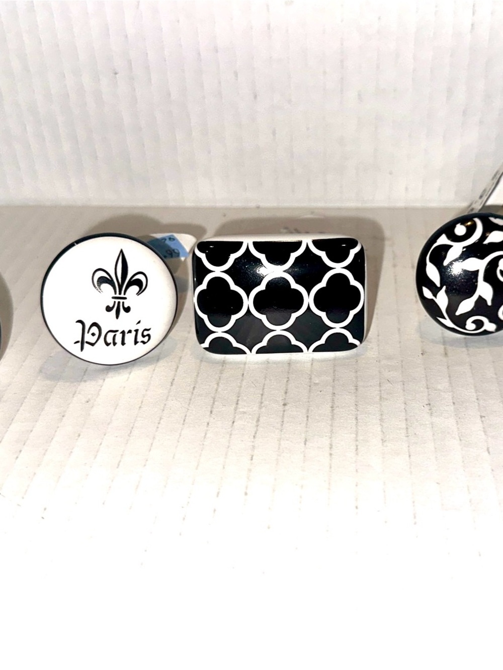 New 5- Black & White Decorative Drawer Knobs - Paris Fleur Ceramic